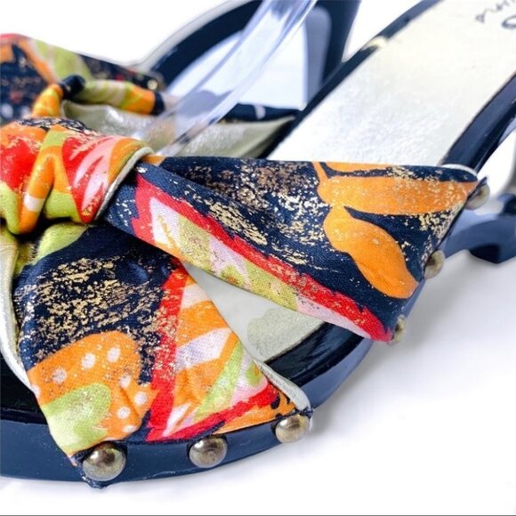 BROWNS BRAVO FLORAL WOODEN WEDGE  SUMMER MULTICOLOURED GOLD STUDS SANDALS - Picture 9 of 16